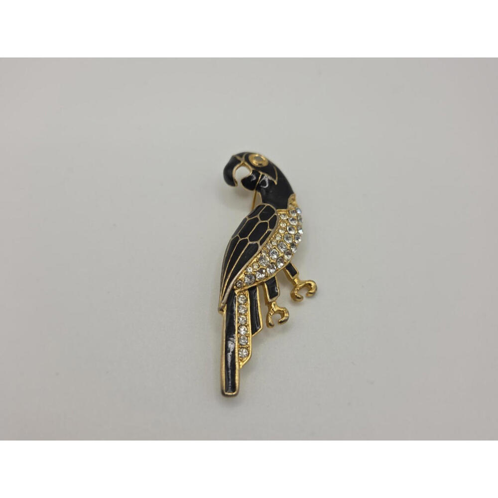 Vintage Parrot Brooch | Black Enamel & Rhinestone Bird Pin | Gold Tone Statement